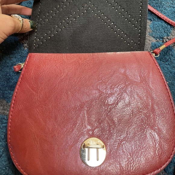 Small Burgundy Red Crossbody Purse Gold Studded Flap Closure - NR - Picture 3 of 4